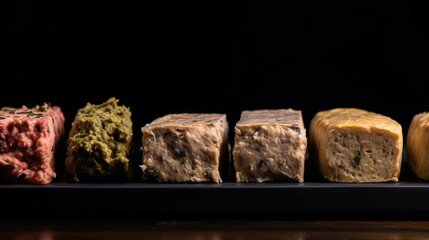 Different types of homemade baked pate in a row, black background. AI generated.