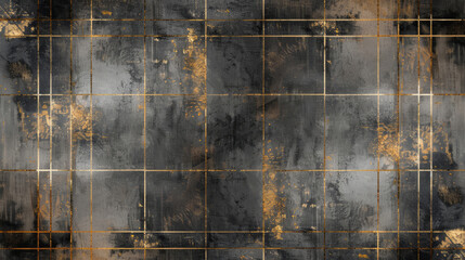 Distressed black tiles and golden grunge accents on abstract background