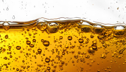Golden yellow oil, closeup of the edge with bubbles floating on top, white background