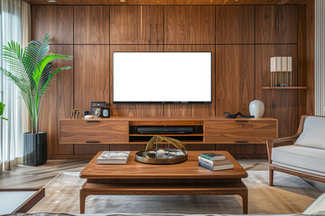 Modern living room interior with wooden furniture and TV on wooden wall