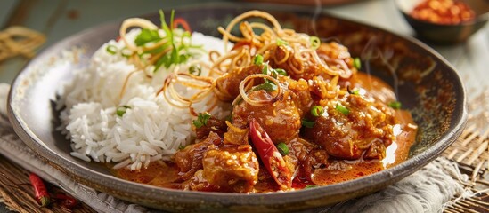Savory chicken curry served with steamed rice and crispy fried shallots, presented on a plate.