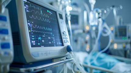 Close-up of a vital signs monitor in an icu with medical equipment in the backdrop