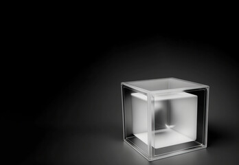 Empty podium pedestal transparent cube for product presentation, dark background. AI generated.