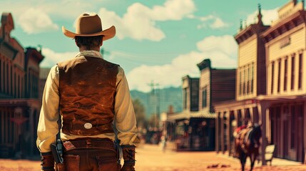 Cowboy standing in a historic western town on a sunny day