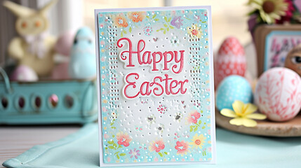 A handmade Easter card with the words "Happy Easter" written in playful fonts and embellished with glitter.