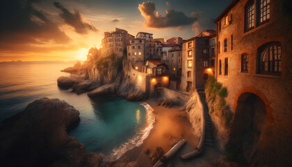 Sunset Serenade at Mediterranean Cliffside Town - Golden Hour Glow on Ancient Seaside Hamlet with Dramatic Coastal Views