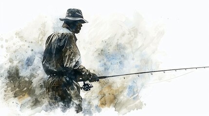 Watercolor fisherman in action at the river