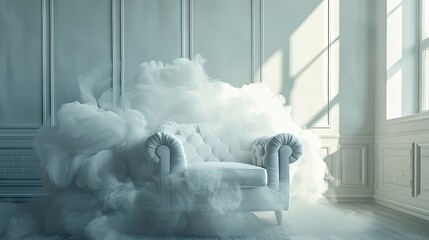 Serene interior with vintage sofa enveloped in soft clouds
