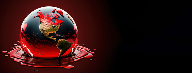 Concept of saving planet, miniature globe floats in blood, black background. AI generated.