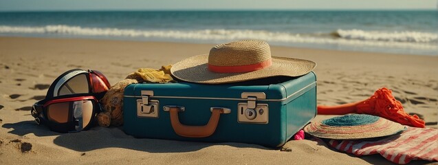  Beach Preparation Accessories In Suitcase On Sand 