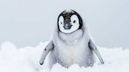 Snowy day with an adorable emperor penguin chick