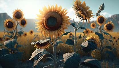 A field of mature sunflowers during the summer afternoon. AI generated.