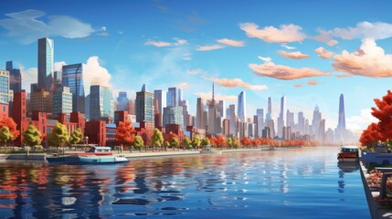 Fototapeta premium Waterfront charm watercolor illustration - Generative AI. Water, harbor, boat, tree, building.