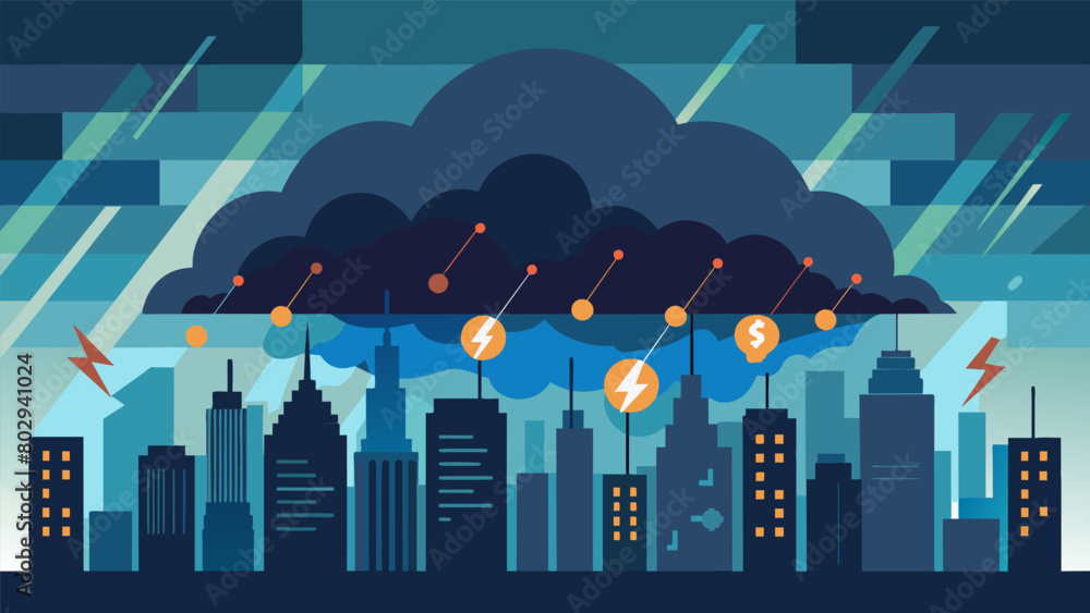 Aufkleber ominous storm clouds cast a shadow over the city bearing labels such as cyber attack and hacking thr