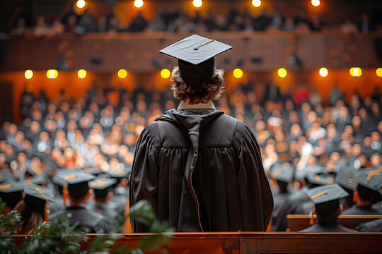 The graduate gives his speech on stage in front of a large audience of spectators during the graduation ceremony.