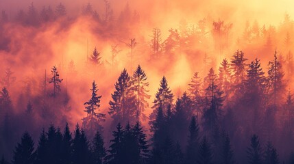 Misty forest sunrise with vibrant orange hues