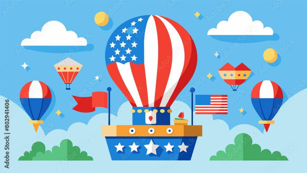 Poster a colorful balloon float adorned with various patriotic symbols and designs making its way through a