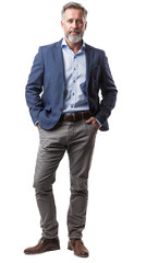 Full body portrait of a middle-aged businessman wearing a sharp blue blazer, white shirt, and glasses, isolated on a transparent background