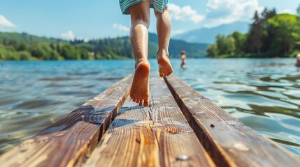 Child running barefoot on a wooden pier about to jump into a lake