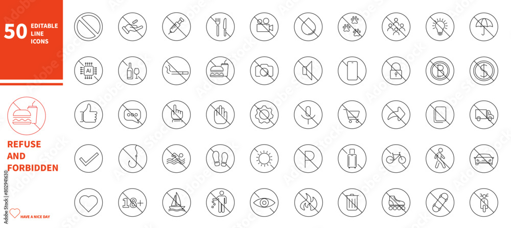 Poster forbidden and refuse icon set. editable thin line stroke sketch icon.