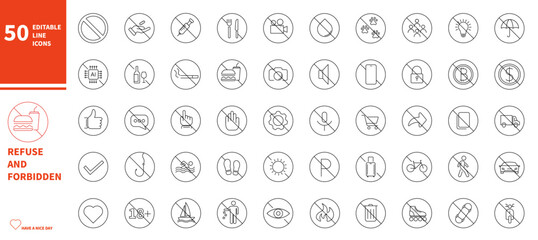 Forbidden and refuse icon set. Editable thin line stroke sketch icon.