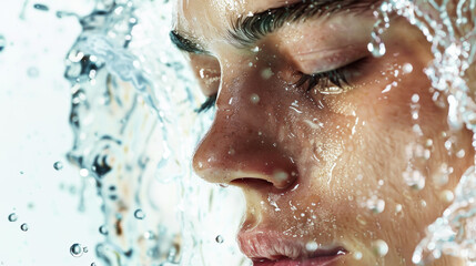 Aesthetic young man face with closed eyes and splashing water, moisturizing concept, beauty advertising. Generative AI