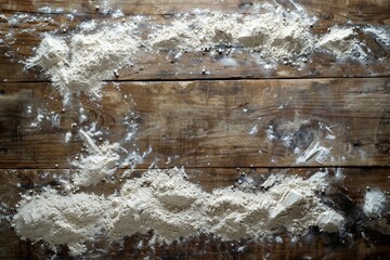 Baking On Table. Top View of Rustic Wooden Table Covered in Flour for Kitchen Preparation