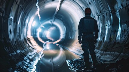Solitary worker standing in a dark industrial tunnel