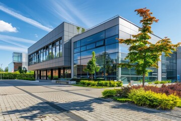 Business Landscaping. Modern Commercial Building in Industrial Park with Professional Workplaces