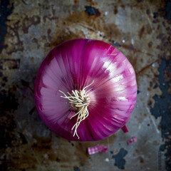 one red onion top view. Realistic photo of top view vegetables scenery. Close-up food photography background