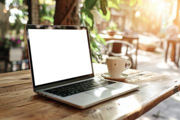 Laptop with blank screen on wooden table in coffee shop cafe.