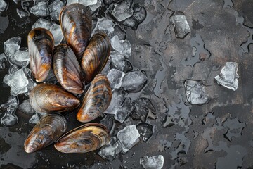 Fresh mussels on a bed of ice, perfect for seafood concepts