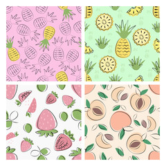 Set of fruit seamless patterns with strawberry, pineapple, peach in simple flat design. Vector illustration.
