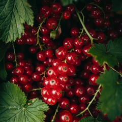 Close up of fresh red redcurrant upper view background. Realistic photo of top view fruits scenery. Close-up food photography background
