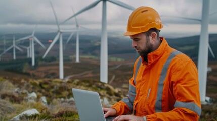 Male engineer in safety gear uses a laptop at wind turbine site