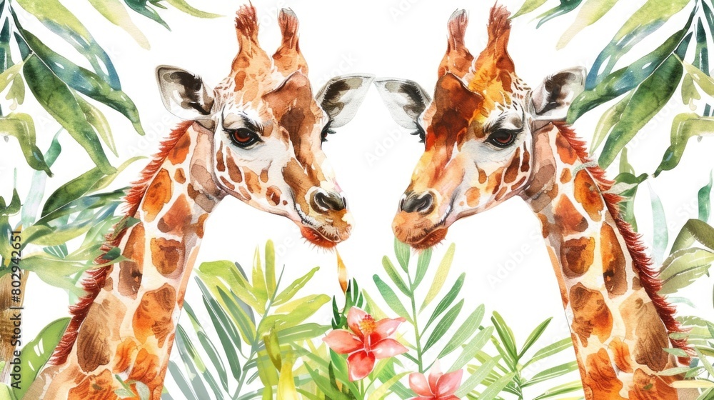 Poster image of two giraffes standing side by side. perfect for nature and wildlife concepts