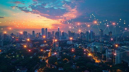 Fototapeta premium Night view of the city skyline sparkling with a network link, Generative AI