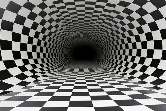 Abstract black and white checkered tunnel background, 3d render, Ai Generated