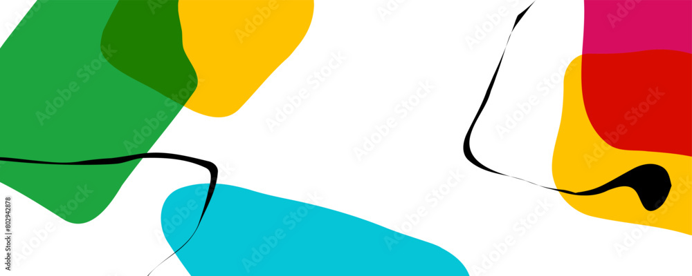Poster Abstract background with various curved bright colored shapes and black bent lines for creative graphic design. Vector illustration.