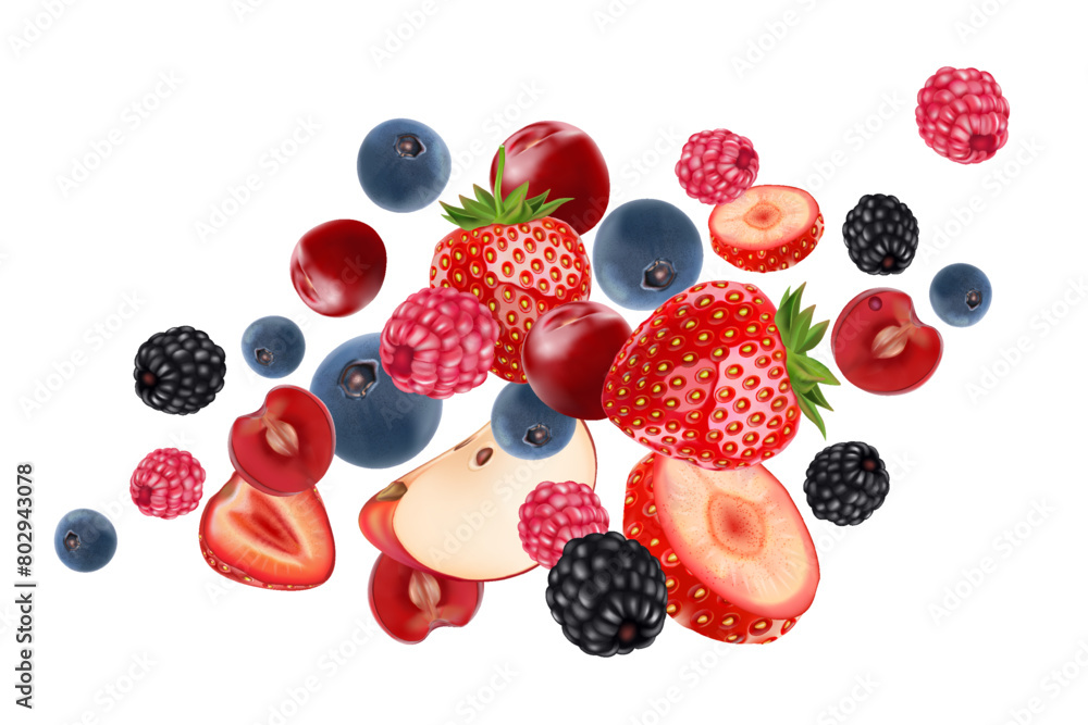 Aufkleber mixed berries smoothies fruit splashing of tropical fruits isolated on white background. vector in 3