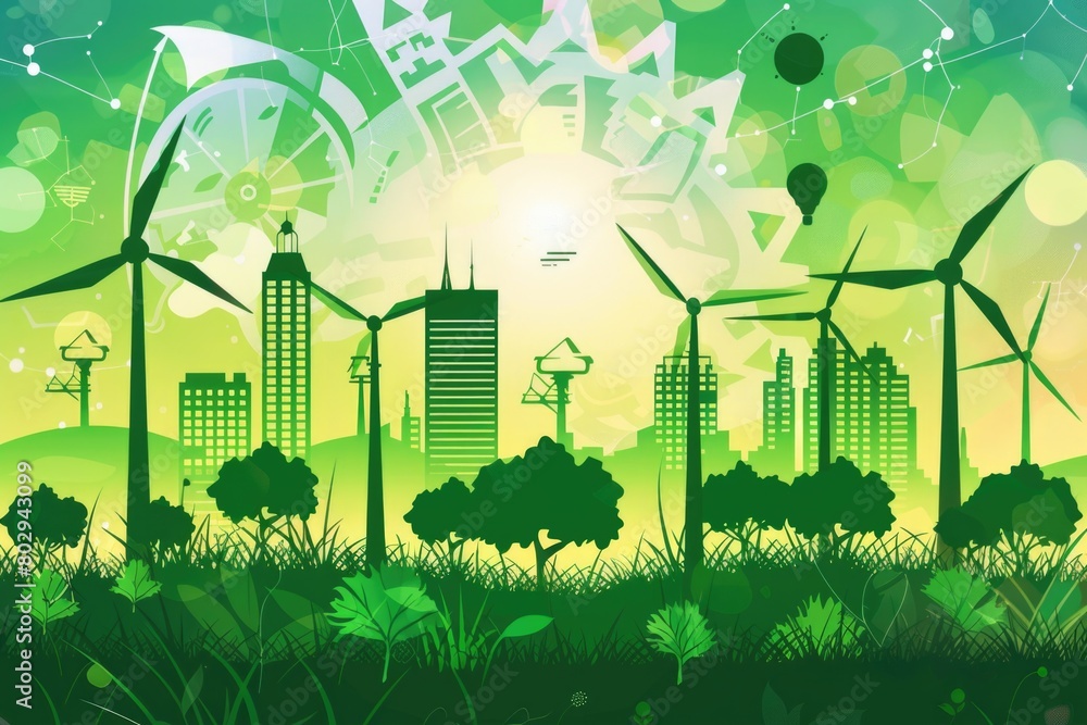 Poster a vibrant cityscape with wind turbines in the foreground. suitable for eco-friendly concepts