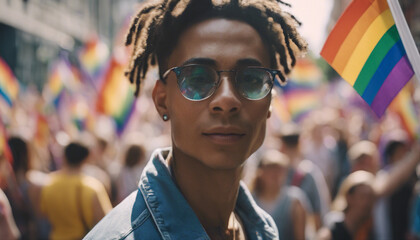 portrait of a man, Among the streets, hundreds of people march with LGBTQ flags in the pride para  