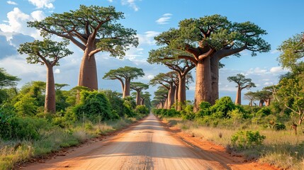 Majestic Baobab Trees Lining a Scenic Dirt Road Under Partly Cloudy Sky.