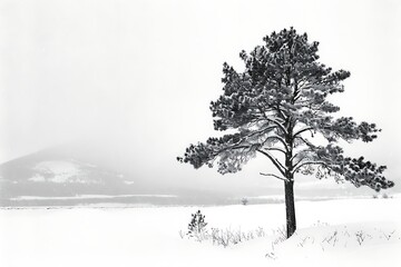 The stark contrast of a single pine against a snowy backdrop