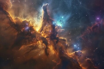 Cosmic Dance of Star Clusters Illuminating Nebulous Clouds.