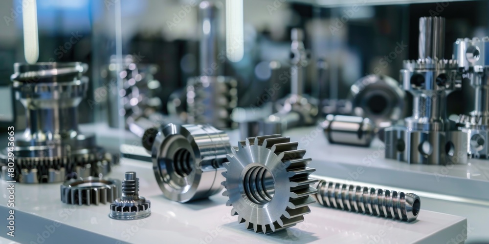 Poster A group of gears displayed on a table, suitable for industrial and engineering concepts