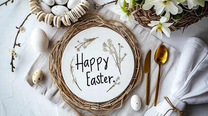 A festive Easter table setting with a decorative placemat featuring the text "Happy Easter."