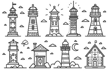 Fototapeta premium Simple line drawing of lighthouses and houses, suitable for various design projects