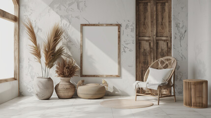 Mockup minimall style with frame in nomadic boho interior background with rustic decor.
