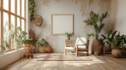 Fototapeta premium Mockup minimall style with frame in nomadic boho interior background with rustic decor.